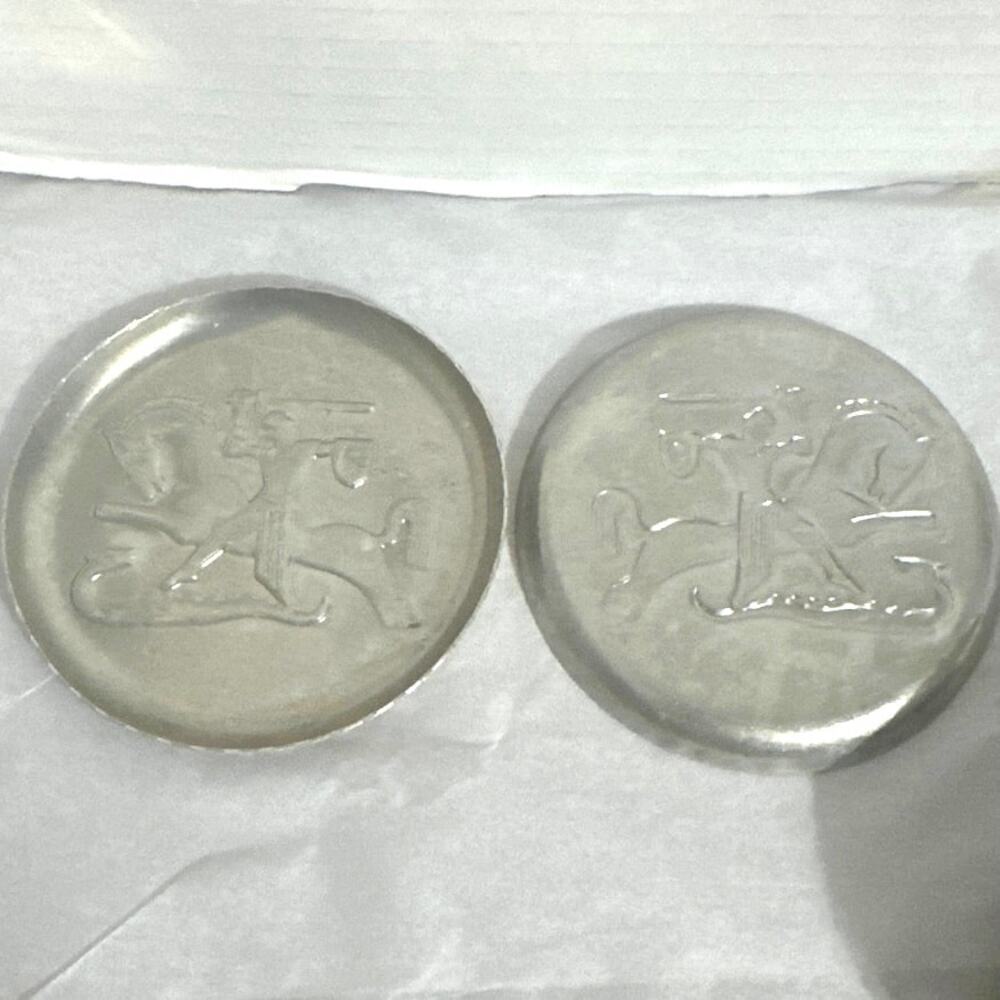 vintage drink coasters collectible aluminum  St.George slaying dragon. Set of 14